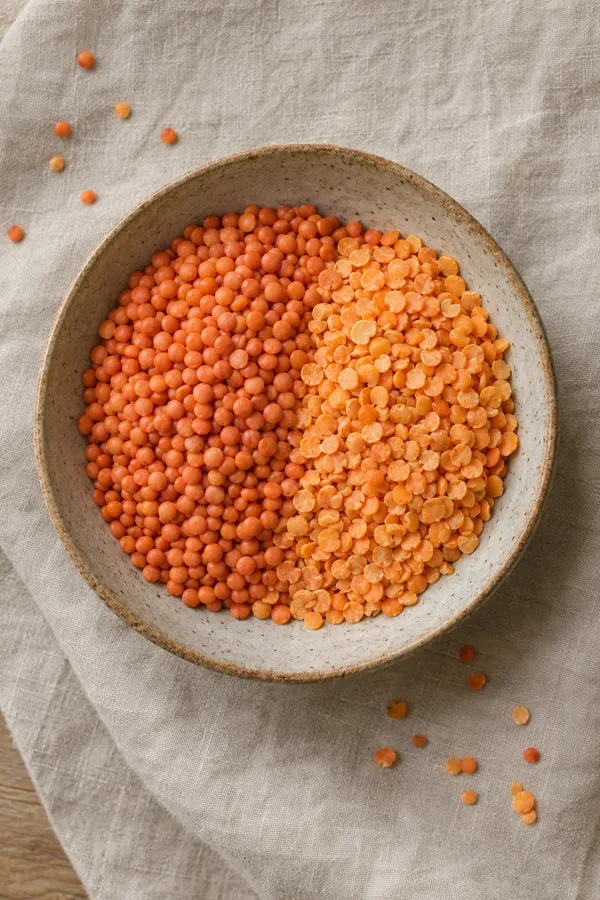 Whole red lentils and split masoor dal in a ceramic bowl
