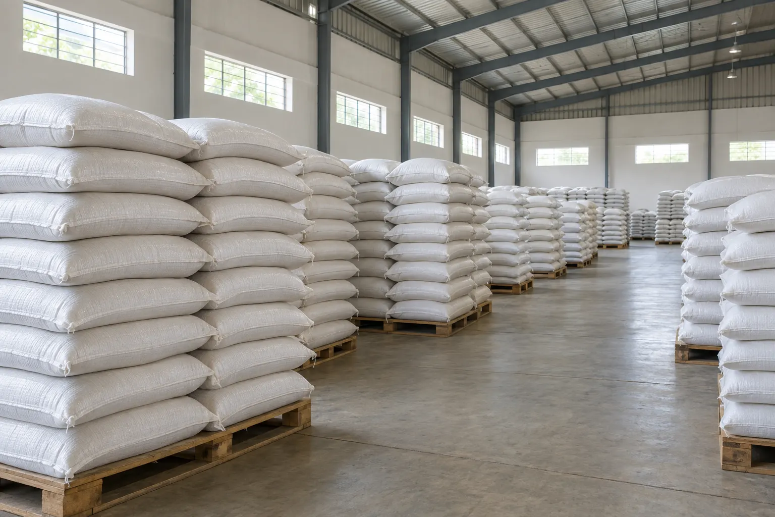 Stacked sacks of pulses on pallets in a clean warehouse